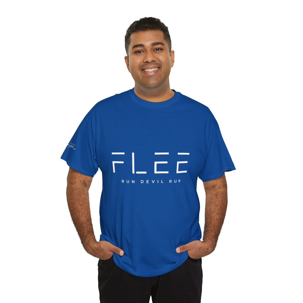 Flee Tee — Minimal "FLEE / Run Devil Run" Graphic Shirt (James 4:7 Back)