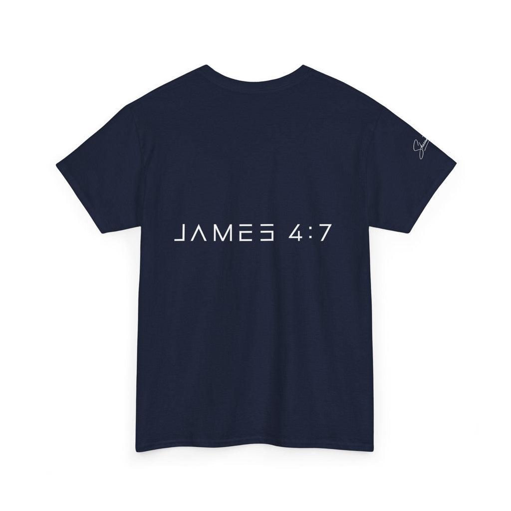 Flee Tee — Minimal "FLEE / Run Devil Run" Graphic Shirt (James 4:7 Back)