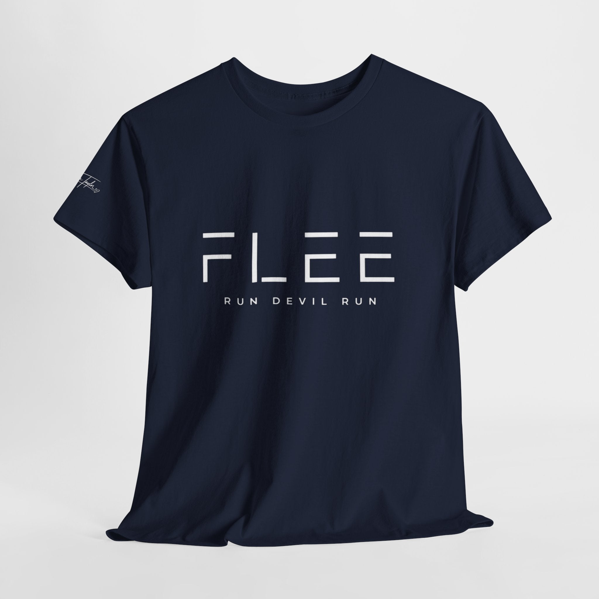 Flee Tee — Minimal "FLEE / Run Devil Run" Graphic Shirt (James 4:7 Back)