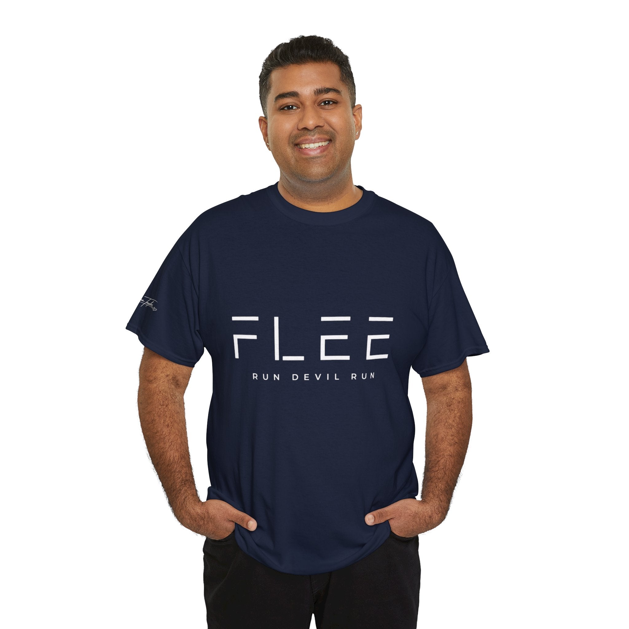 Flee Tee — Minimal "FLEE / Run Devil Run" Graphic Shirt (James 4:7 Back)