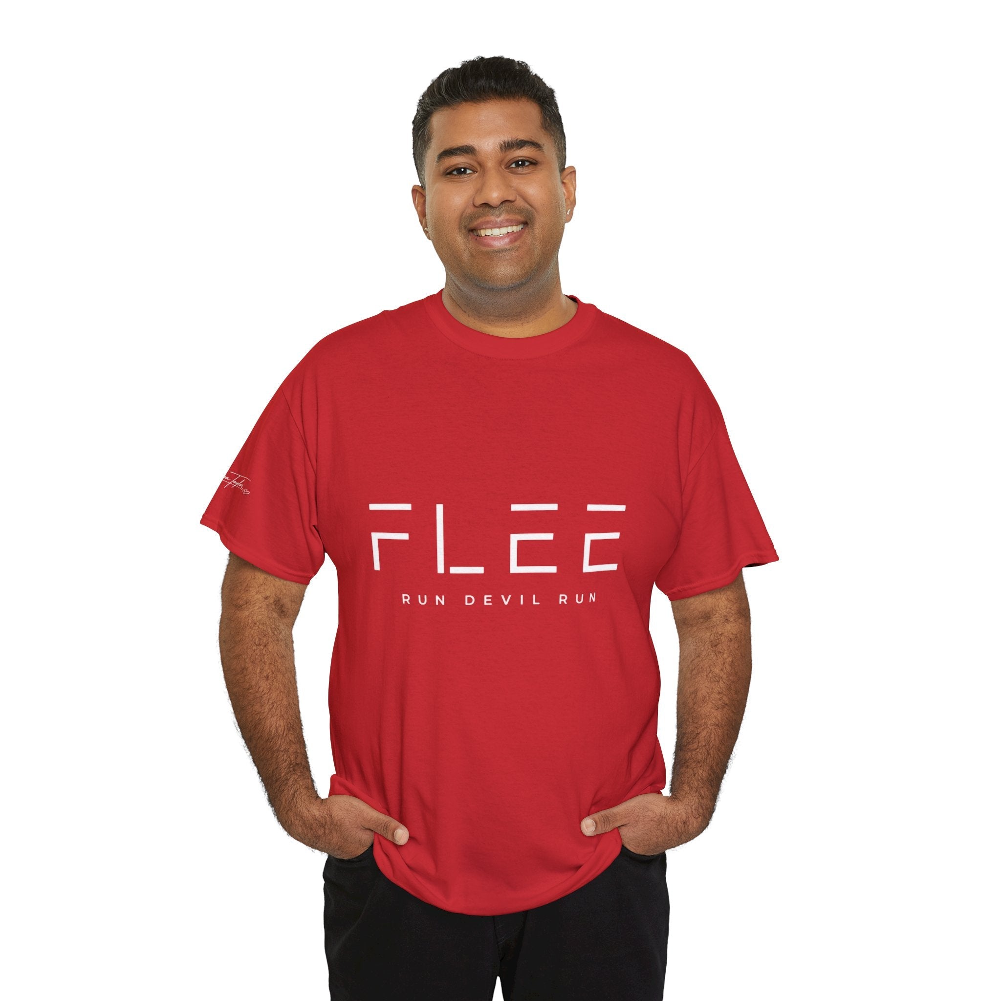 Flee Tee — Minimal "FLEE / Run Devil Run" Graphic Shirt (James 4:7 Back)